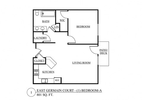 Floor plan for 1 bed, 1 bath, 811 sqft